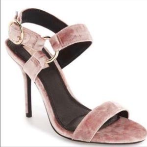 TOPSHOP - pink velvet open toed heels with strap, size 7, super cute & worn once